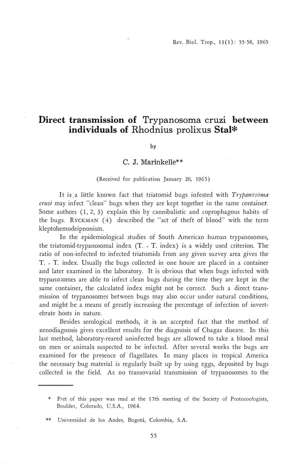 Direct Transmission of Trypanosoma Cruzi Between Individual S Of