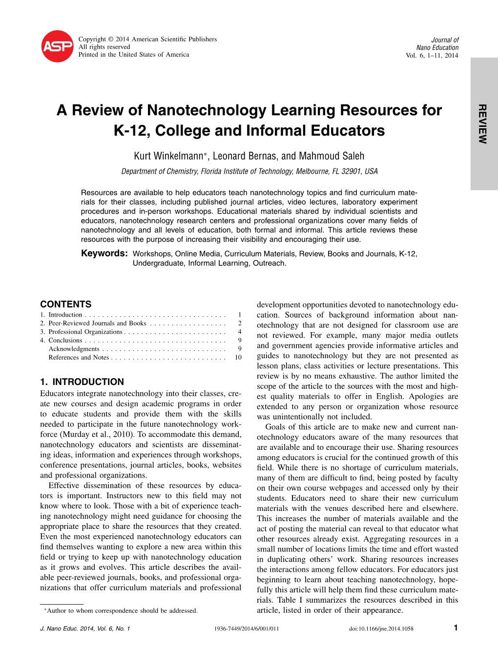 A Review of Nanotechnology Learning Resources for K-12