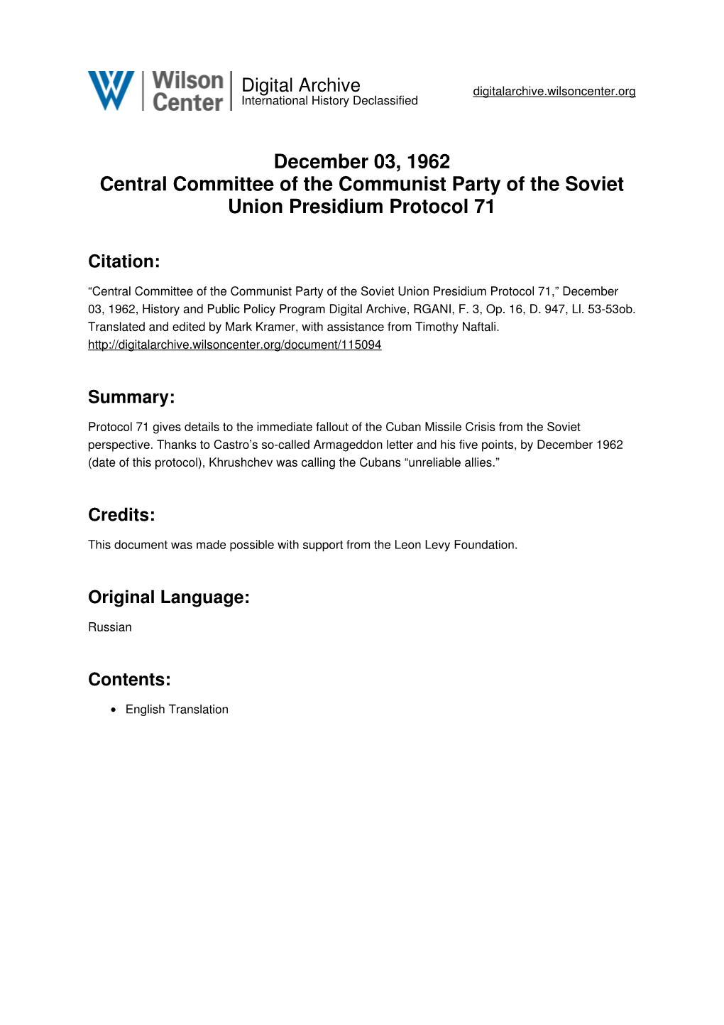 December 03, 1962 Central Committee of the Communist Party of the Soviet Union Presidium Protocol 71