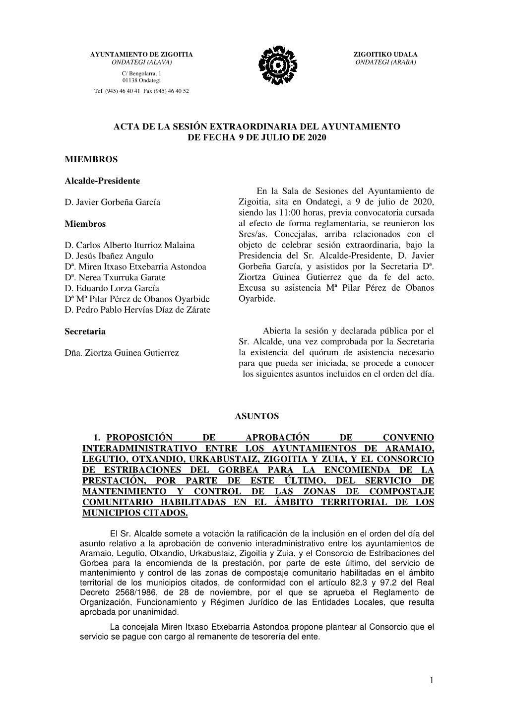 Acta De La Sesión Extraordinaria Del Ayuntamiento De Fecha 9 De Julio De 2020