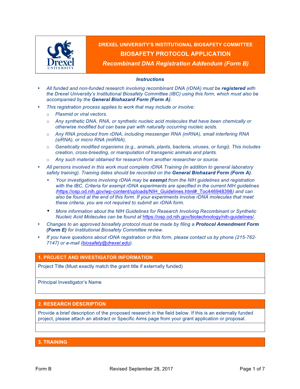 BIOSAFETY PROTOCOL APPLICATION Recombinant DNA