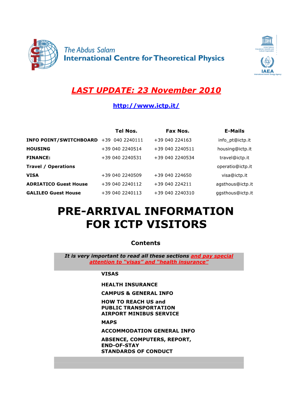 Pre-Arrival Information for Ictp Visitors
