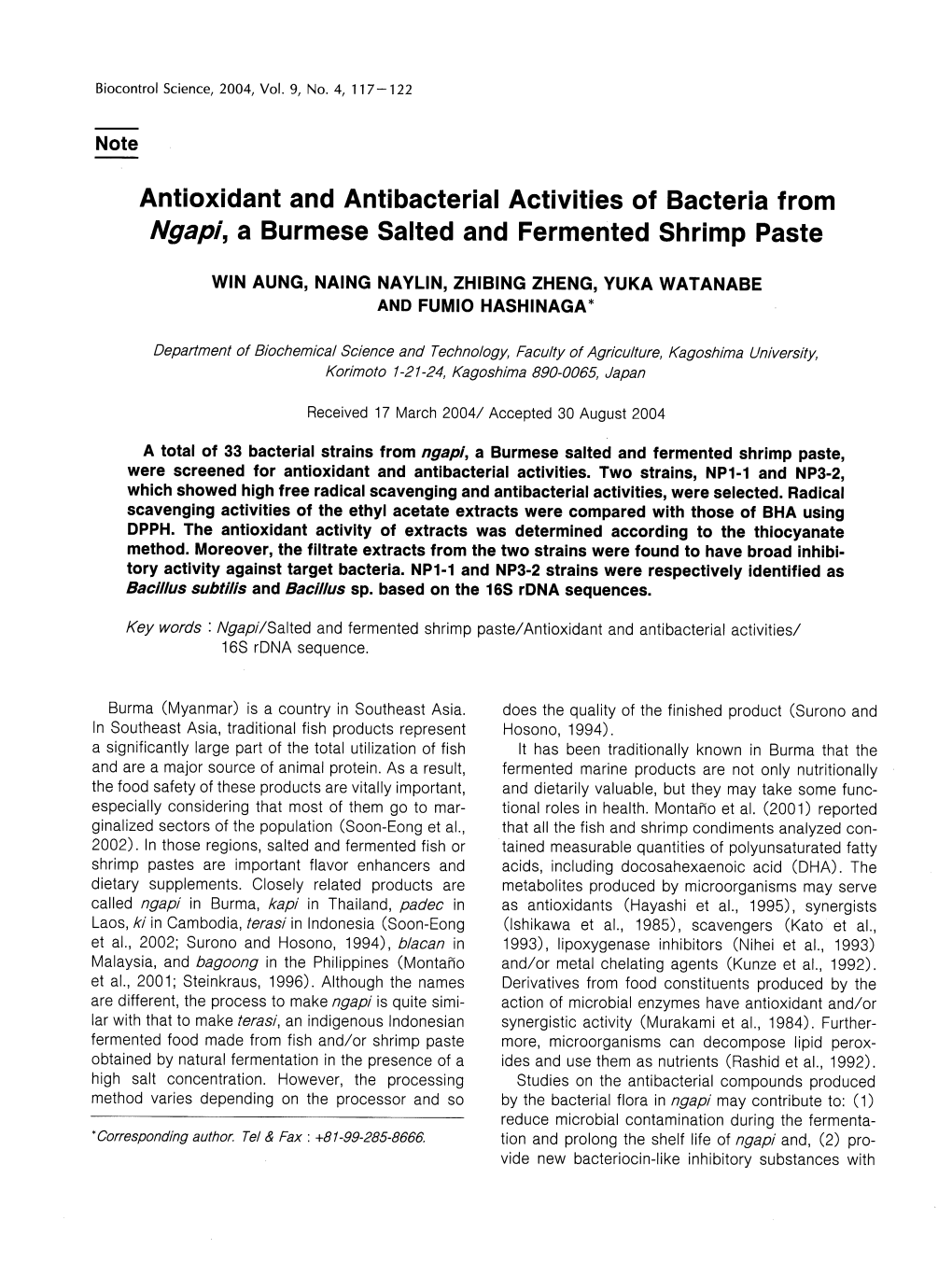 Antioxidant and Antibacterial Activities of Bacteria from Ngapi, a Burmese Salted and Fermented Shrimp Paste