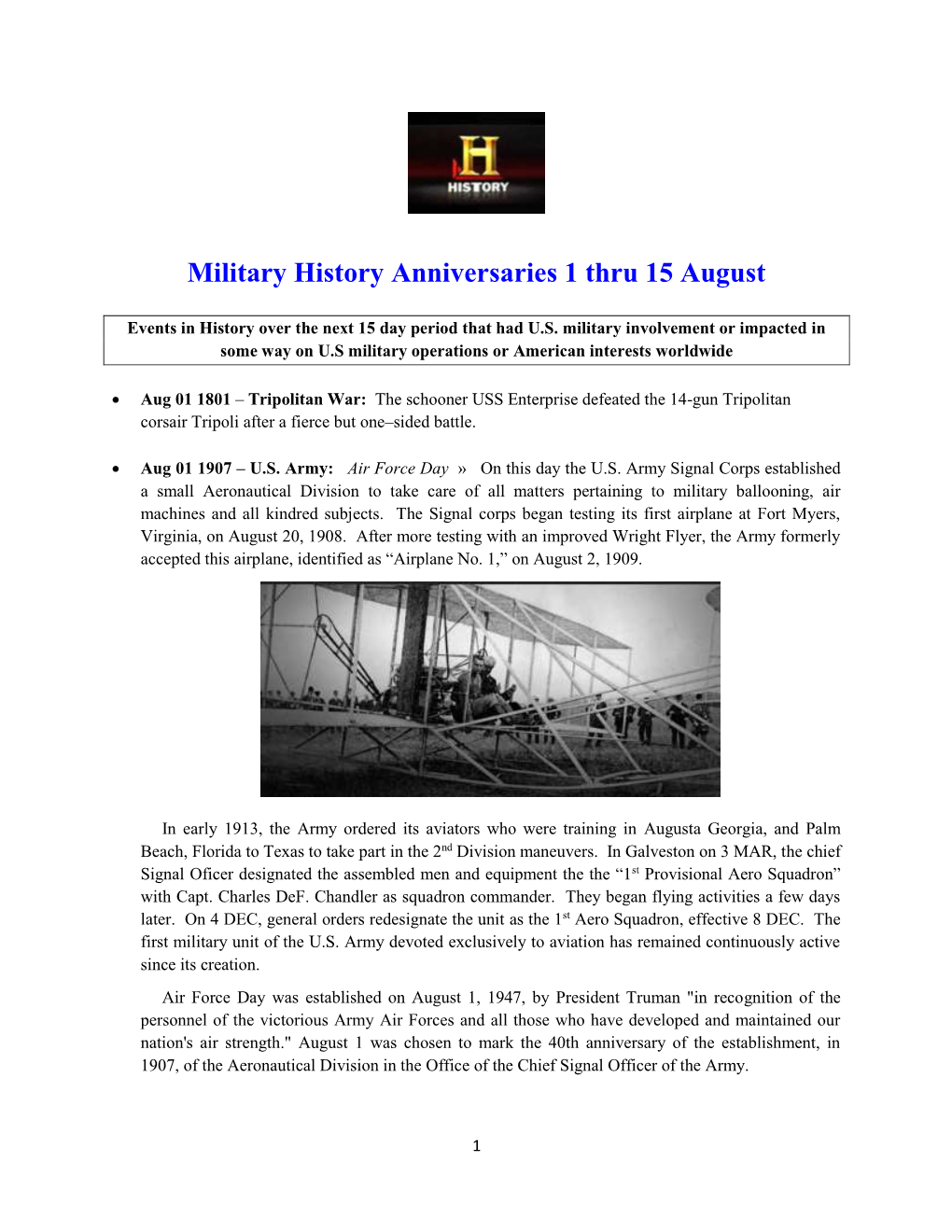 Military History Anniversaries 1 Thru 15 August