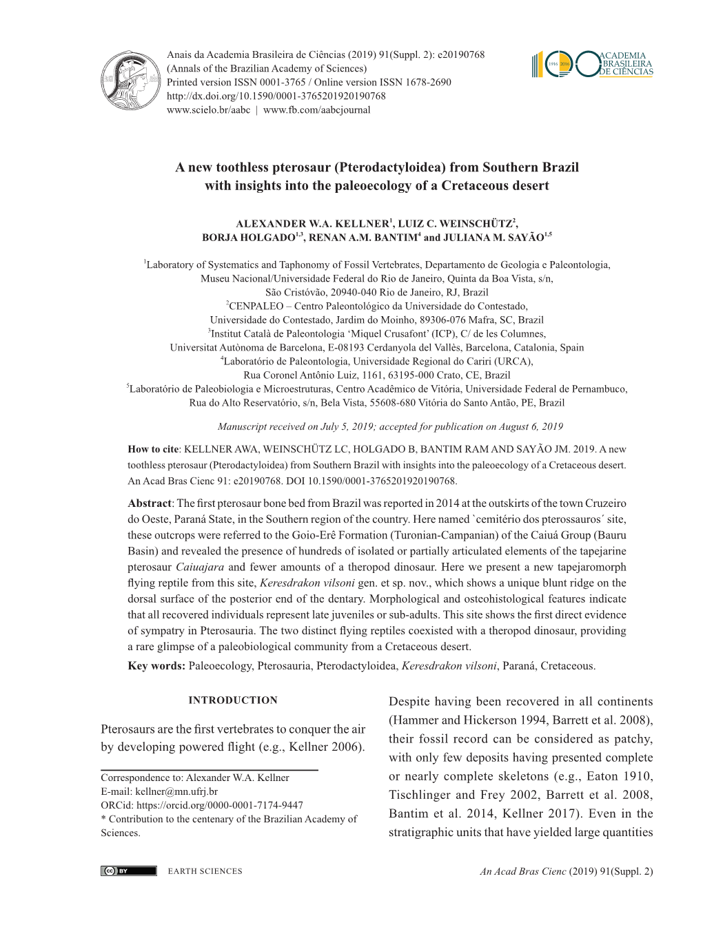 A New Toothless Pterosaur (Pterodactyloidea) from Southern Brazil with Insights Into the Paleoecology of a Cretaceous Desert