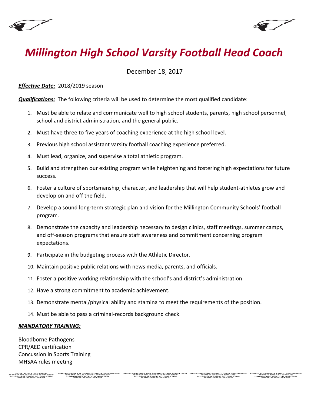 Millington High School Varsity Football Head Coach