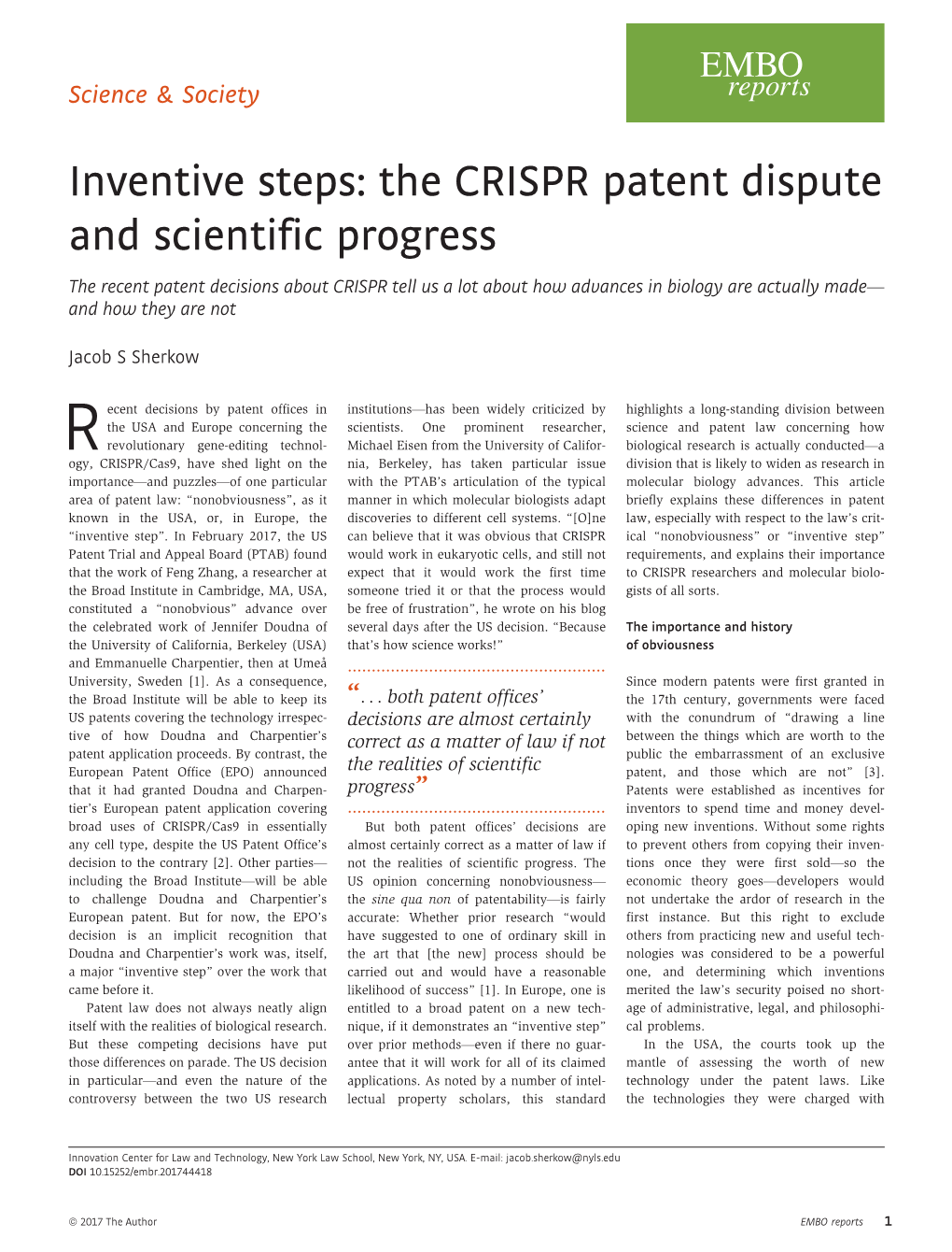 Inventive Steps: the CRISPR Patent Dispute and Scientific Progress