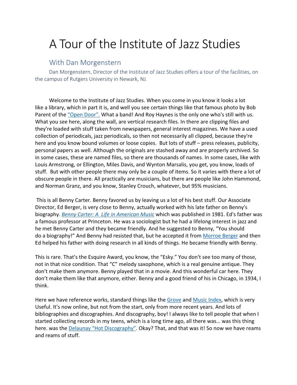A Tour of the Institute of Jazz Studies