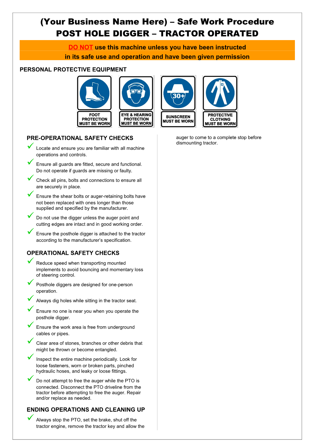 Safety Operating Procedures - Posthole Digger - Tractor Operated