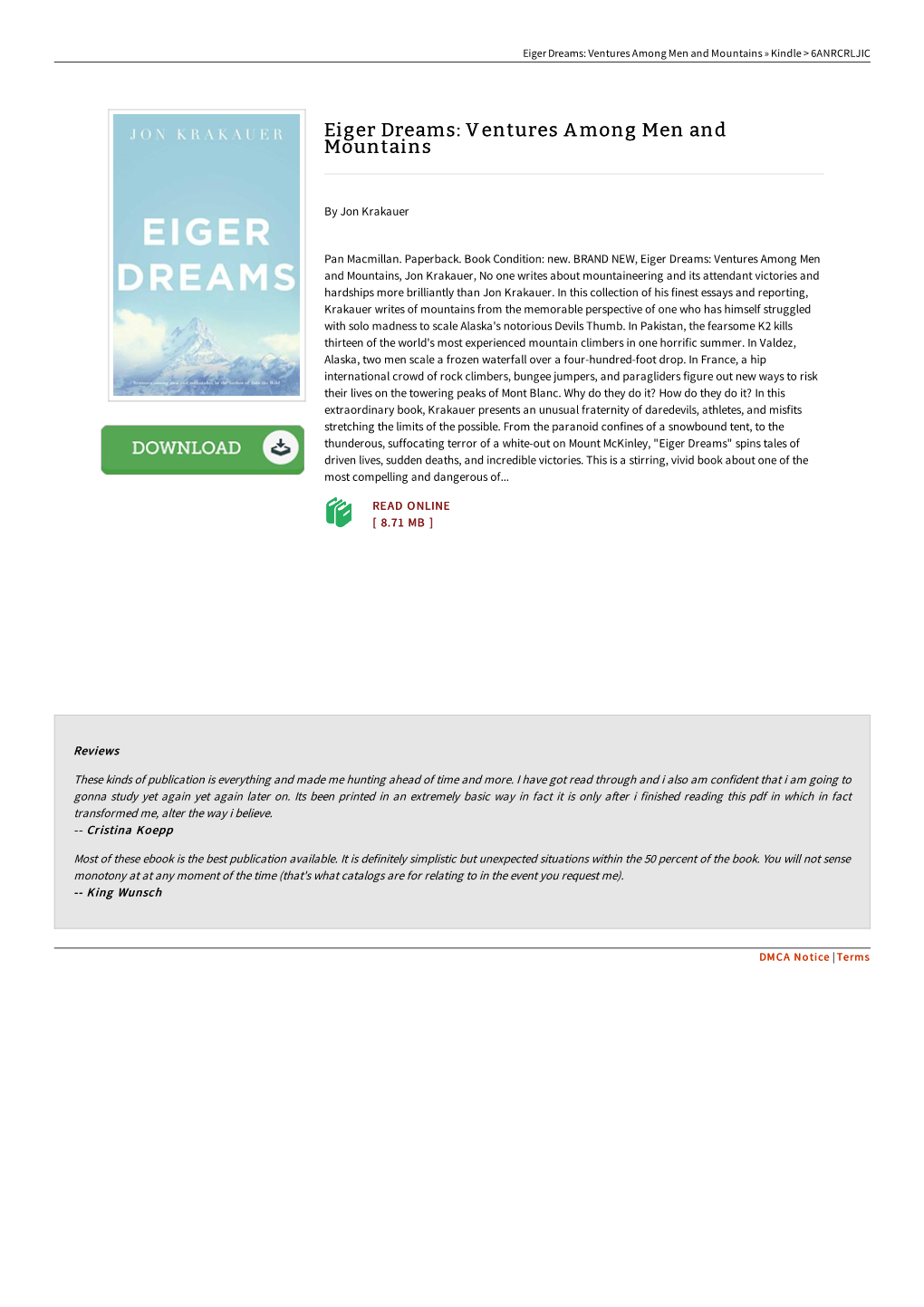 Ebook ~ Eiger Dreams: Ventures Among Men and Mountains ^ Read