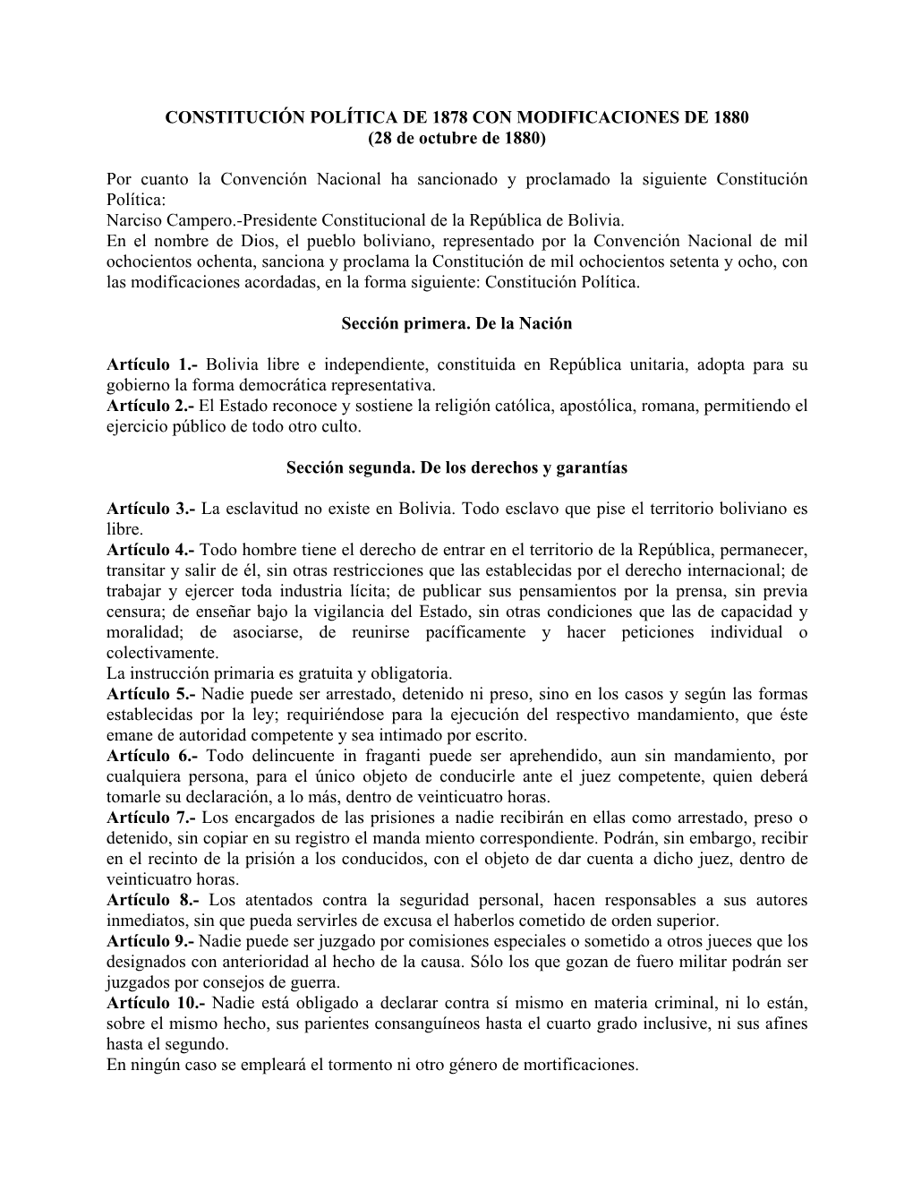 CONSTITUCIÓN POLÍTICA DE 1878 CON MODIFICACIONES DE 1880 (28 De Octubre De 1880)