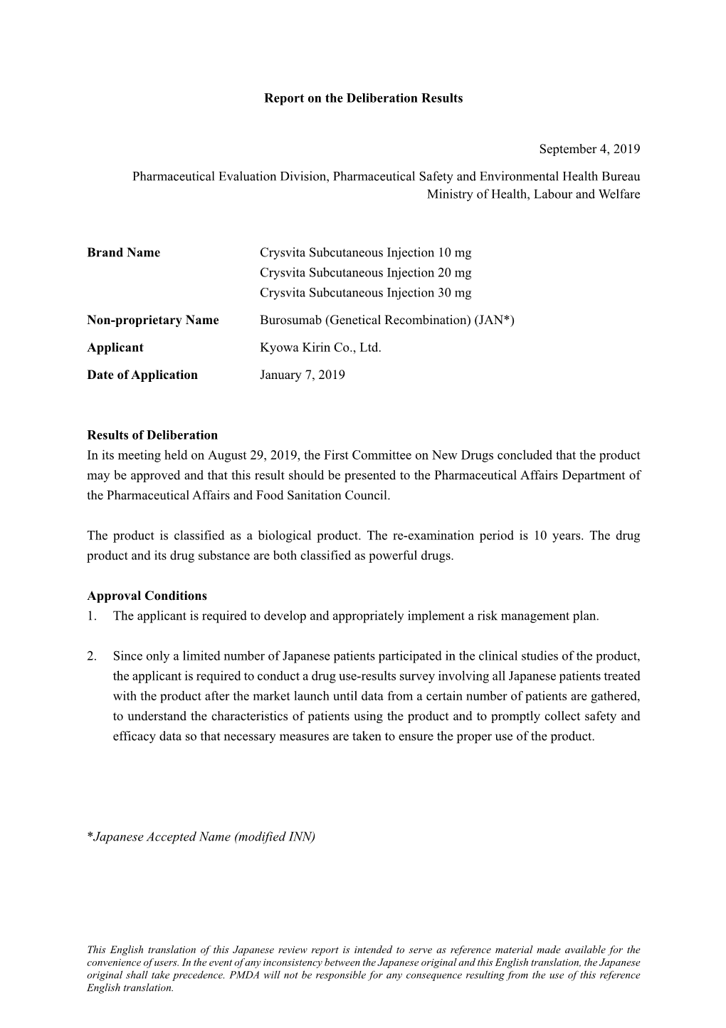 Report on the Deliberation Results September 4, 2019 Pharmaceutical