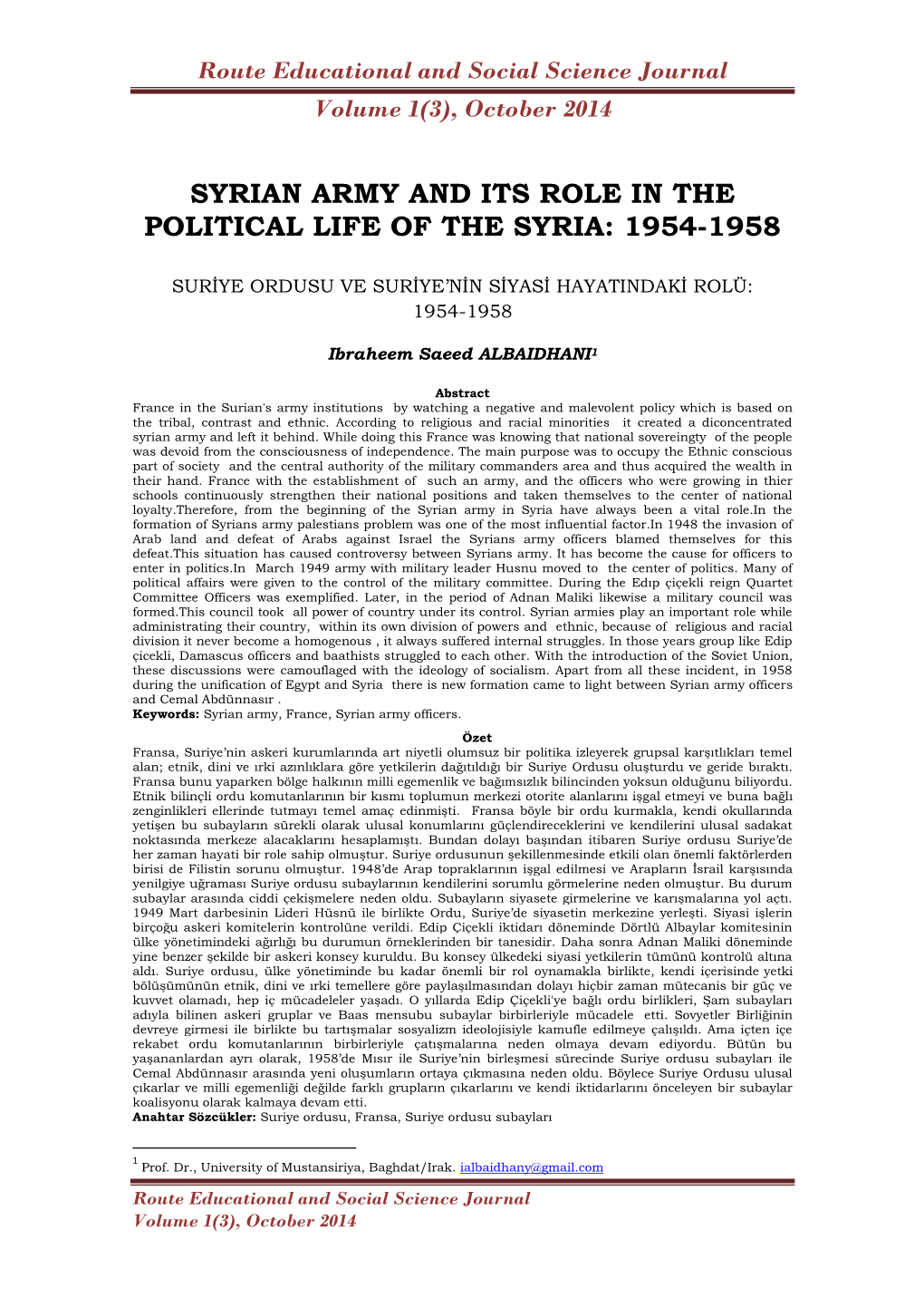 Syrian Army and Its Role in the Political Life of the Syria: 1954-1958