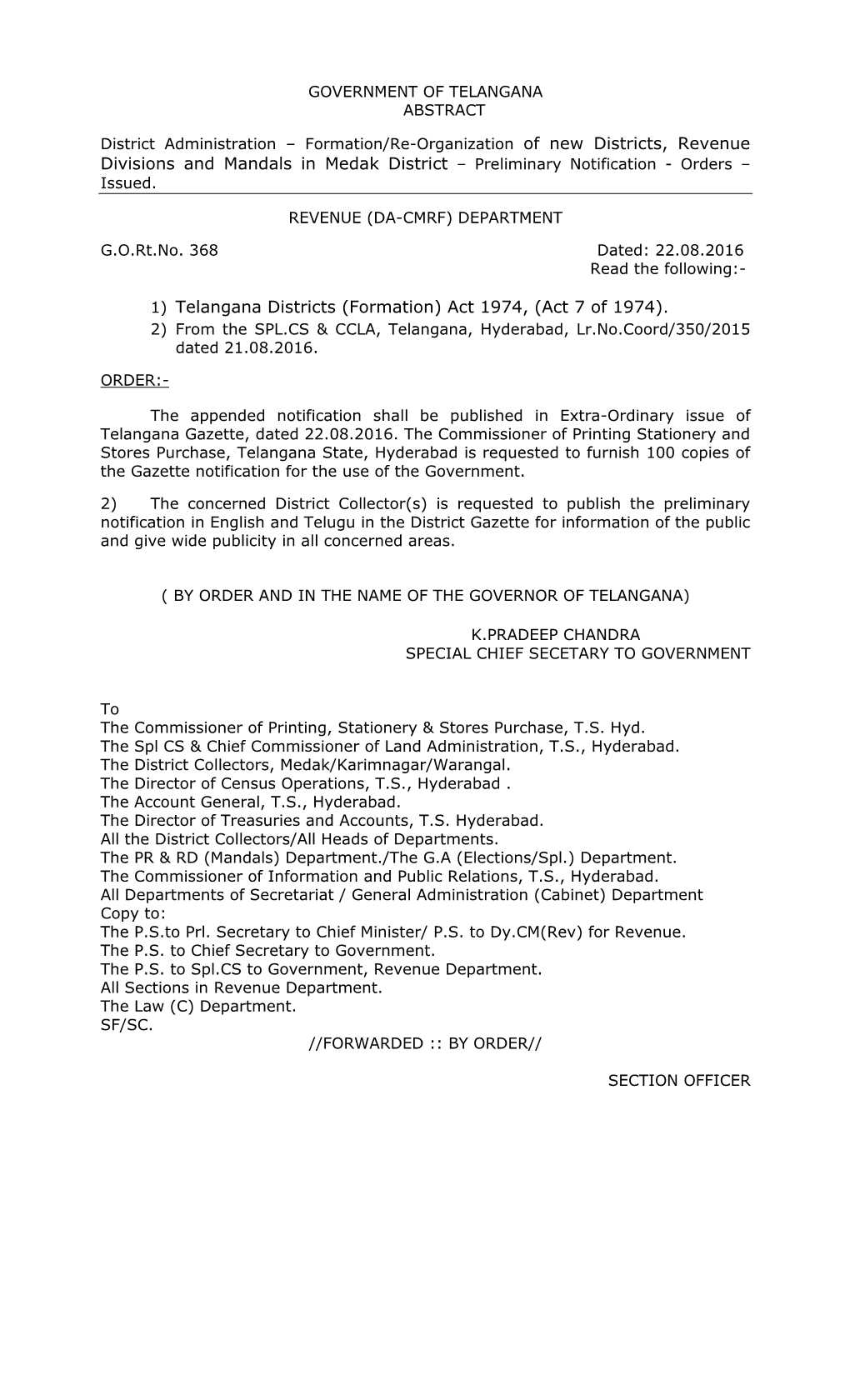 Of New Districts, Revenue 1) Telangana Districts (Formation)