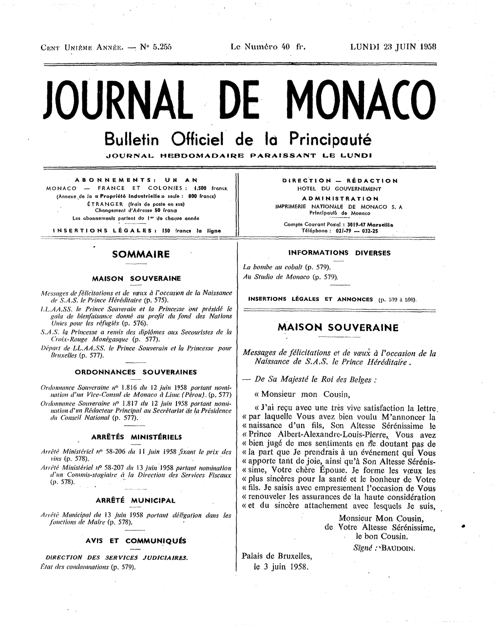 JOURNAL DE MONACO Bulletin Officiel De La Principauté JOURNAL HEBDOMADAIRE PARAISSANT LE LUNDI