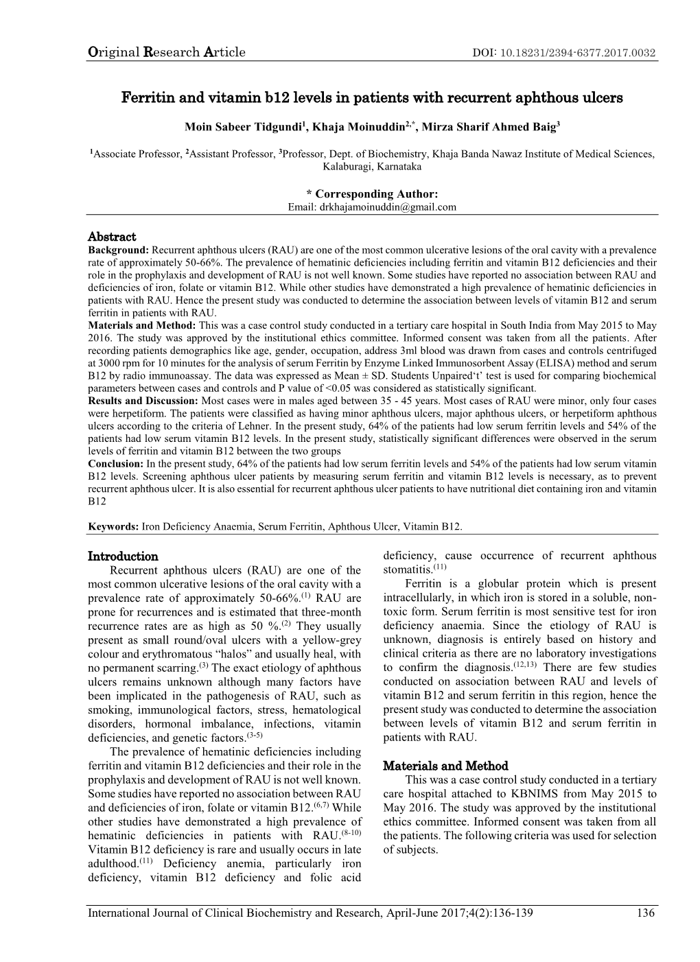 Ferritin and Vitamin B12 Levels in Patients with Recurrent Aphthous Ulcers