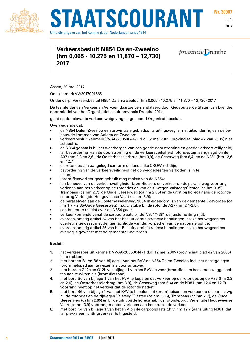 Verkeersbesluit N854 Dalen-Zweeloo (Hm 0,065 - 10,275 En 11,870 – 12,730) 2017