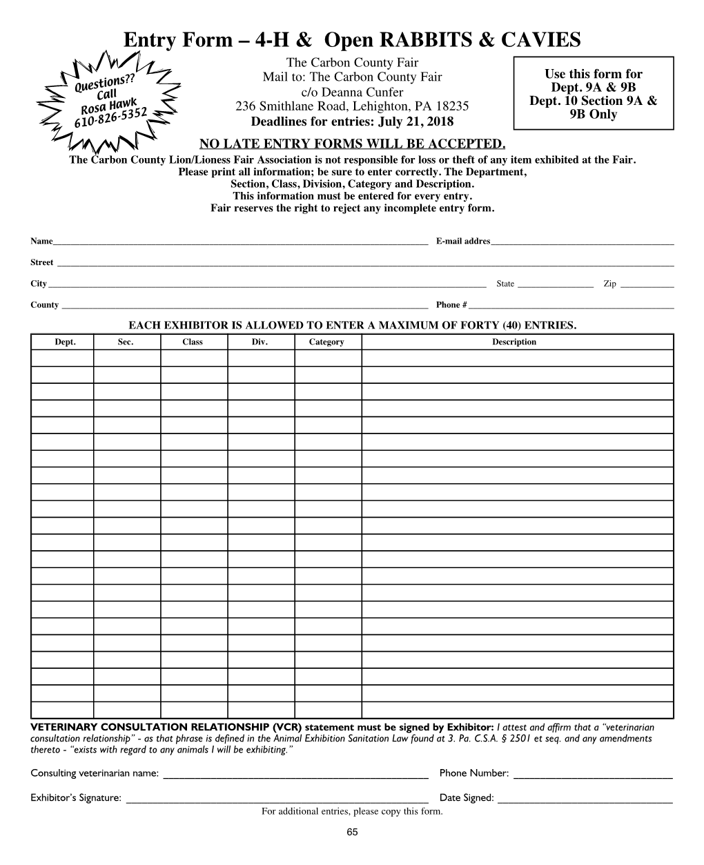 Entry Form – 4-H & Open RABBITS & CAVIES