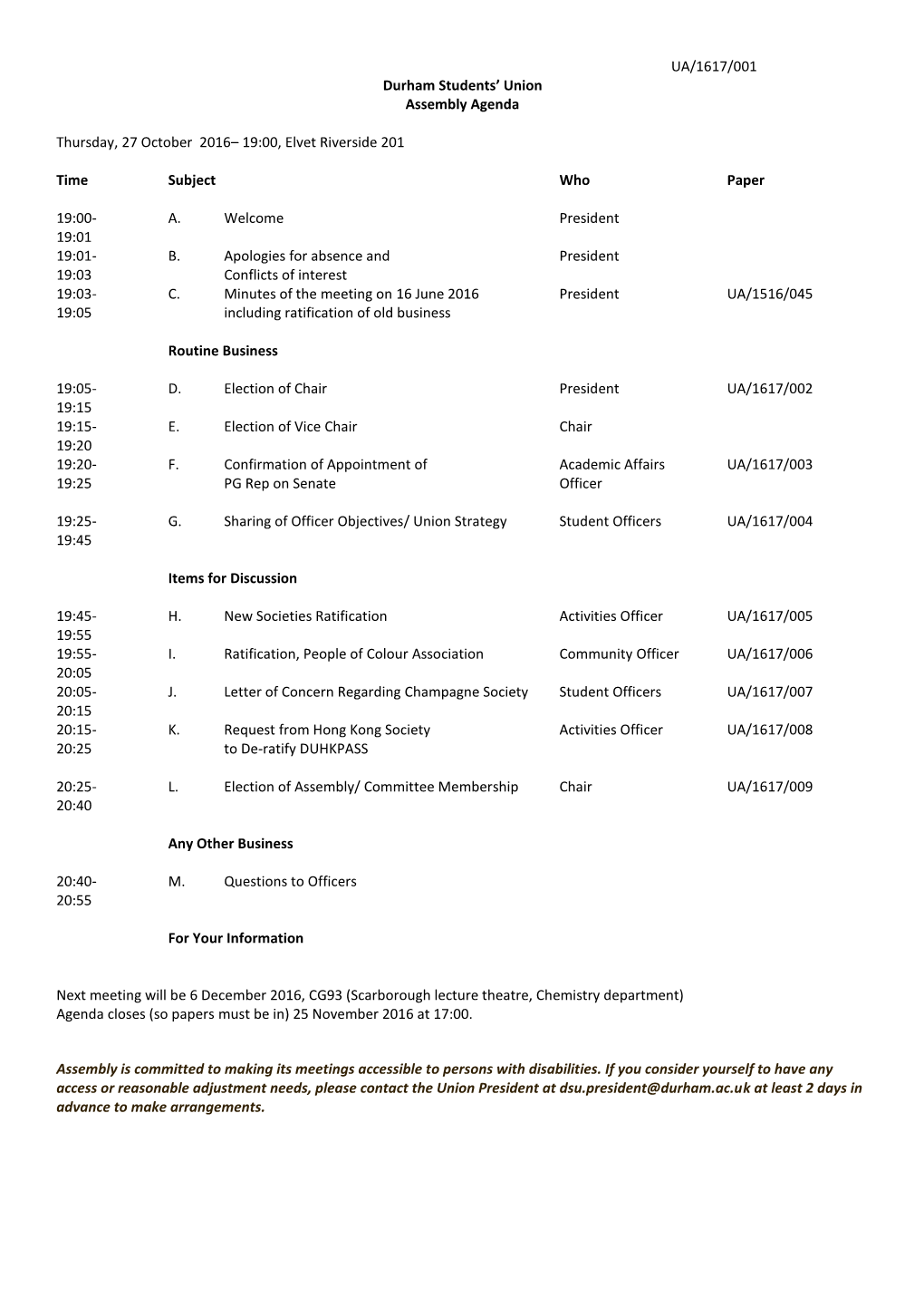 UA/1617/001 Durham Students' Union Assembly Agenda Thursday, 27