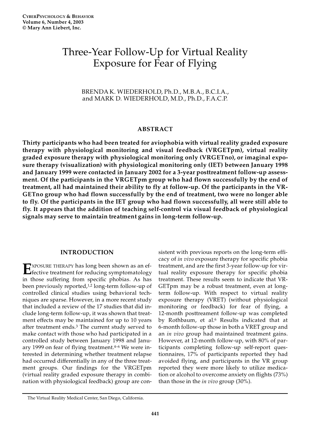 Three-Year Follow-Up for Virtual Reality Exposure for Fear of Flying