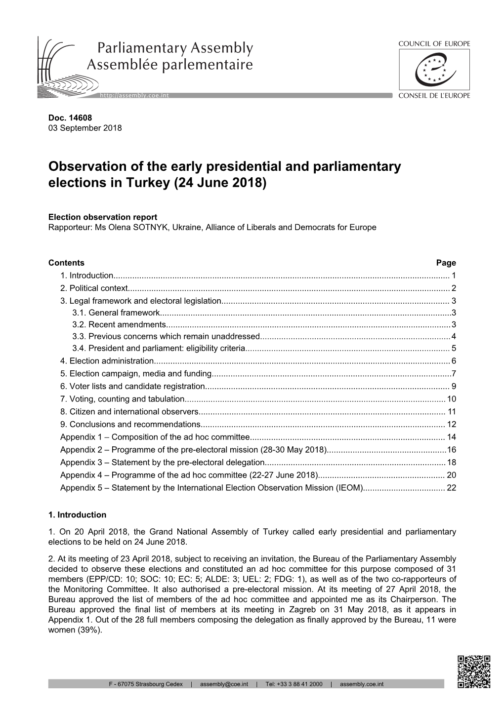Observation of the Early Presidential and Parliamentary Elections in Turkey (24 June 2018)