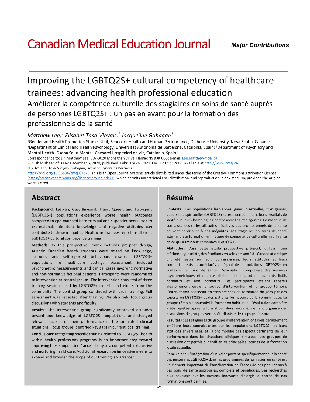 Canadian Medical Education Journal Major Contributions