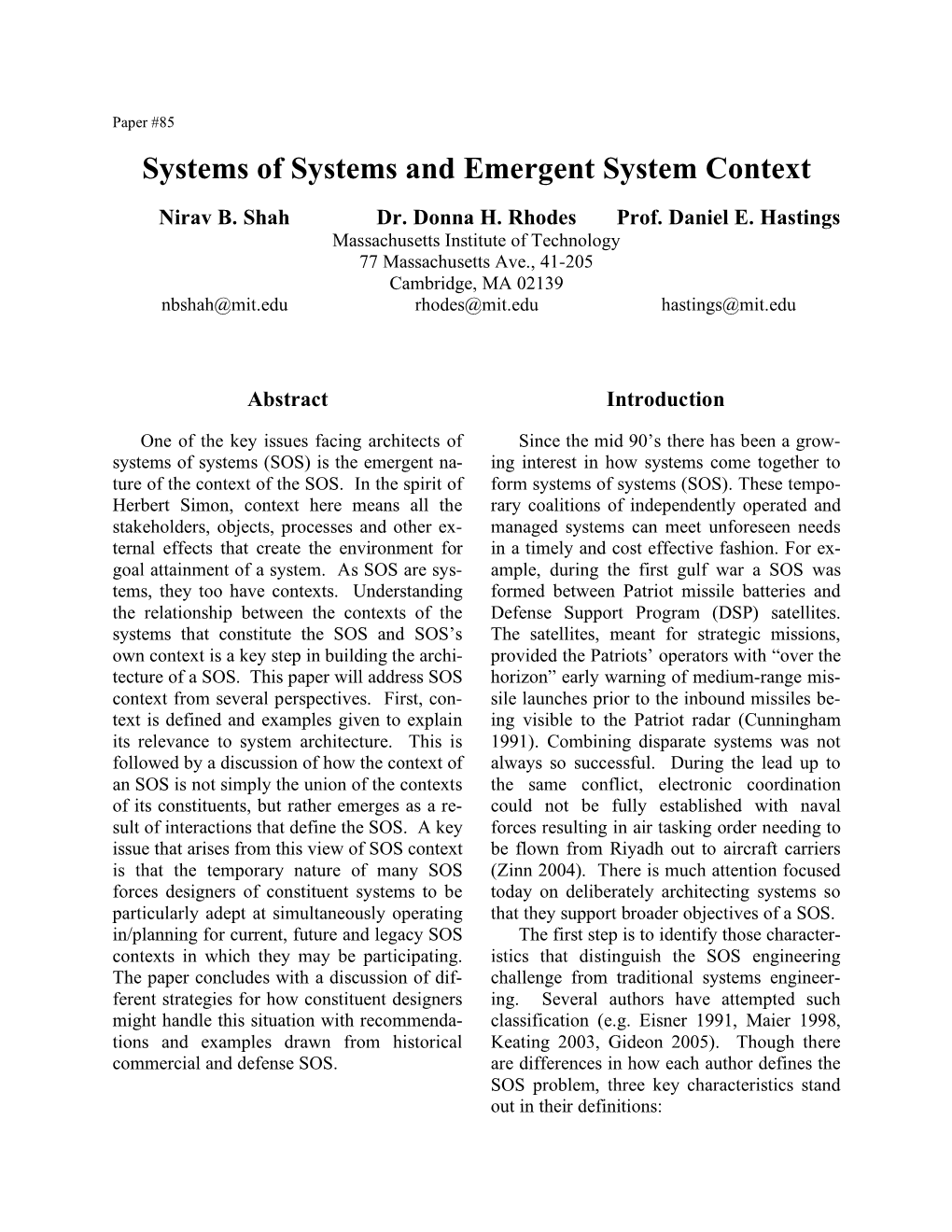 Systems of Systems and Emergent System Context