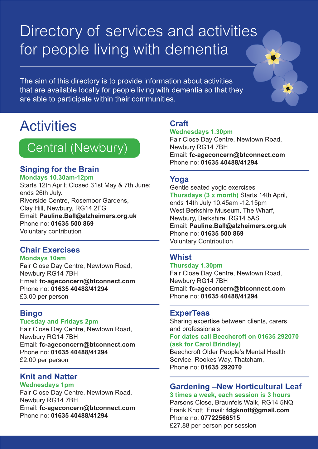 Directory of Services and Activities for People Living with Dementia