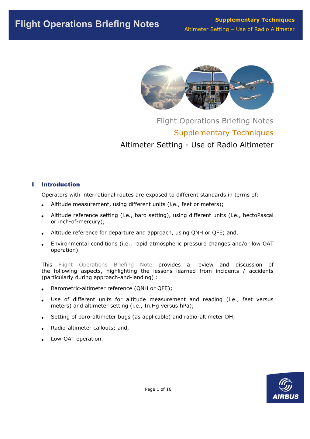 Flight Operations Briefing Notes Supplementary Techniques Altimeter Setting – Use of Radio Altimeter