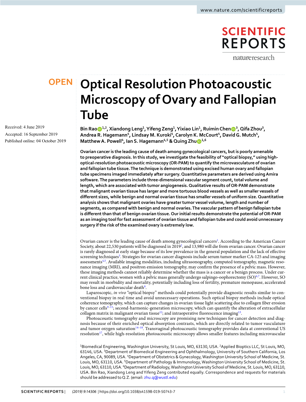 Optical Resolution Photoacoustic Microscopy of Ovary and Fallopian
