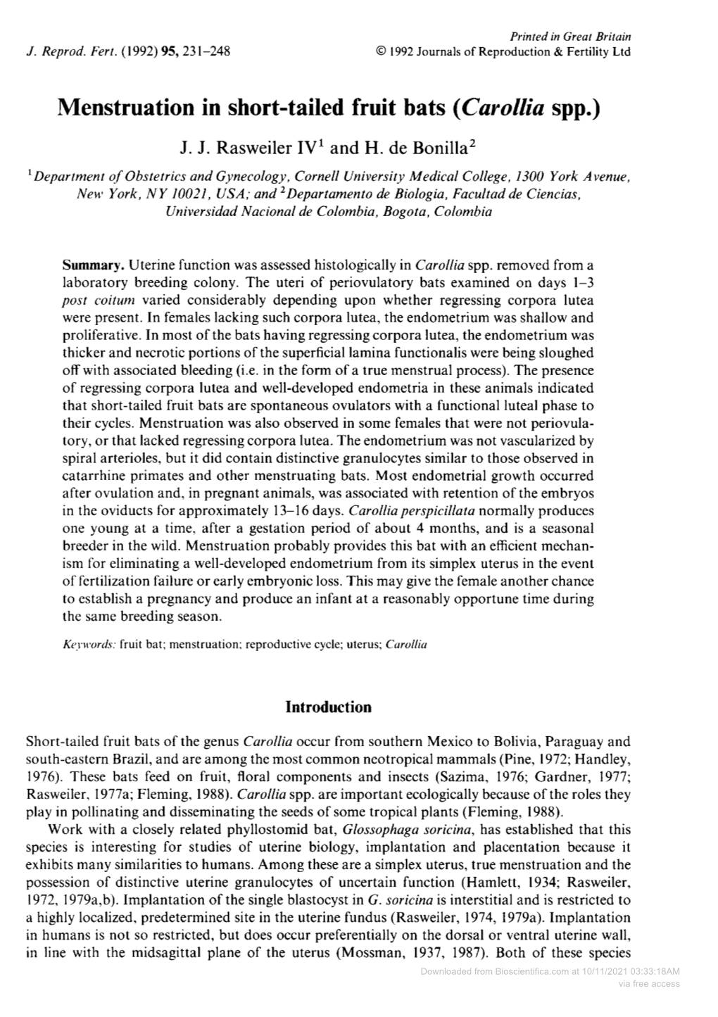 Menstruation in Short-Tailedfruit Bats (Carollia Spp.)