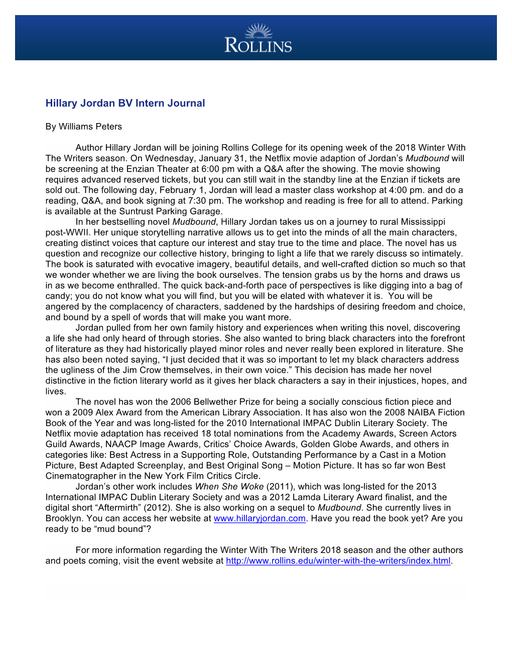 Hillary Jordan BV Intern Journal