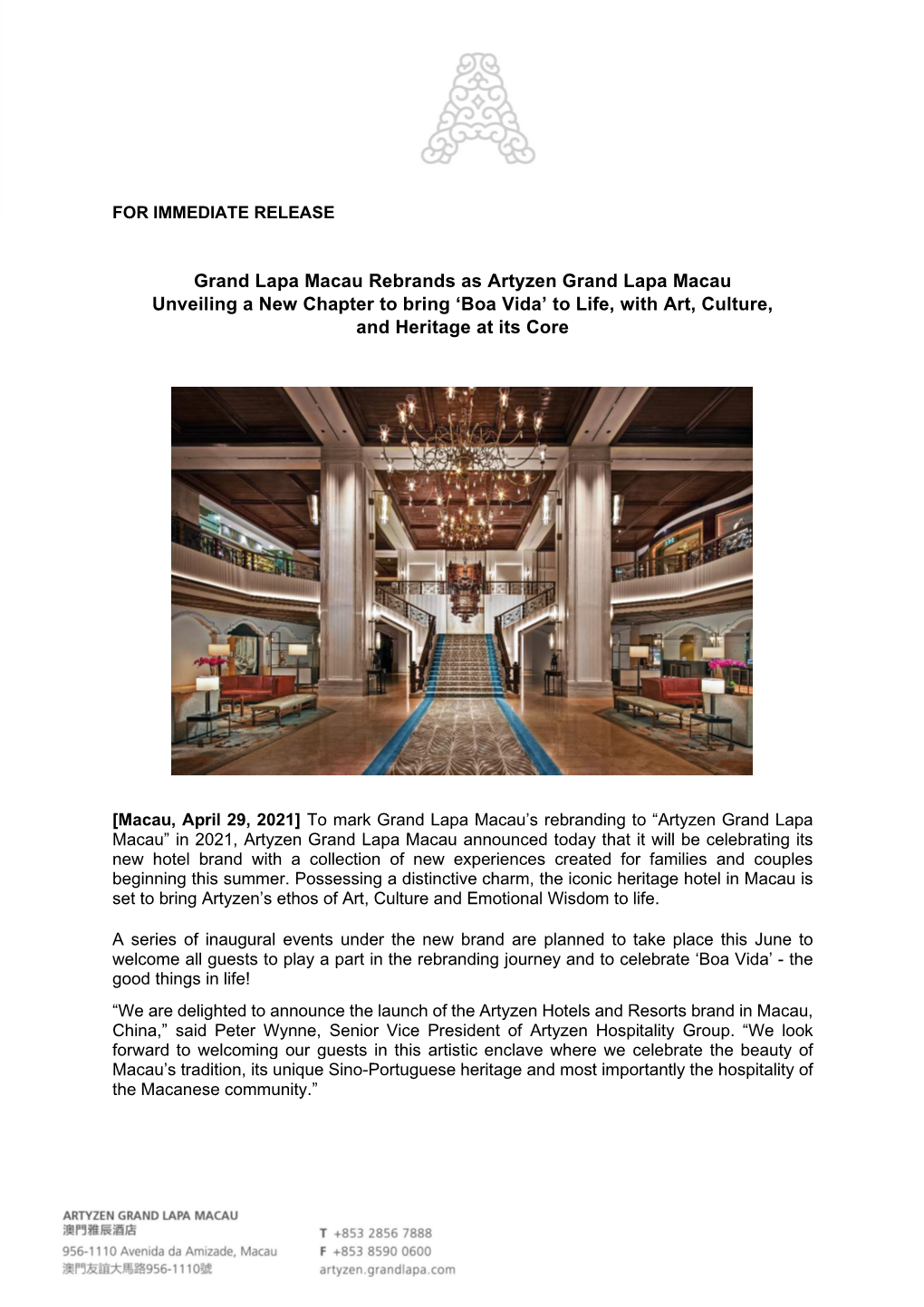 Grand Lapa Macau Rebrands As Artyzen Grand Lapa Macau Unveiling a New Chapter to Bring ‘Boa Vida’ to Life, with Art, Culture, and Heritage at Its Core