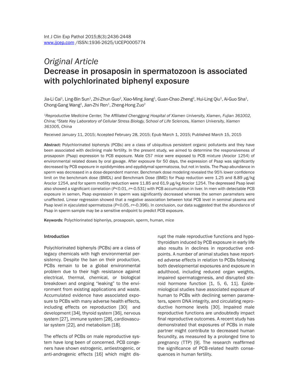 Original Article Decrease in Prosaposin in Spermatozoon Is Associated with Polychlorinated Biphenyl Exposure