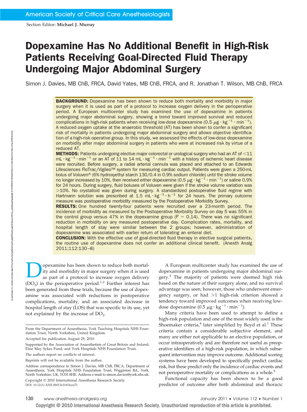 Dopexamine Has No Additional Benefit in High-Risk Patients