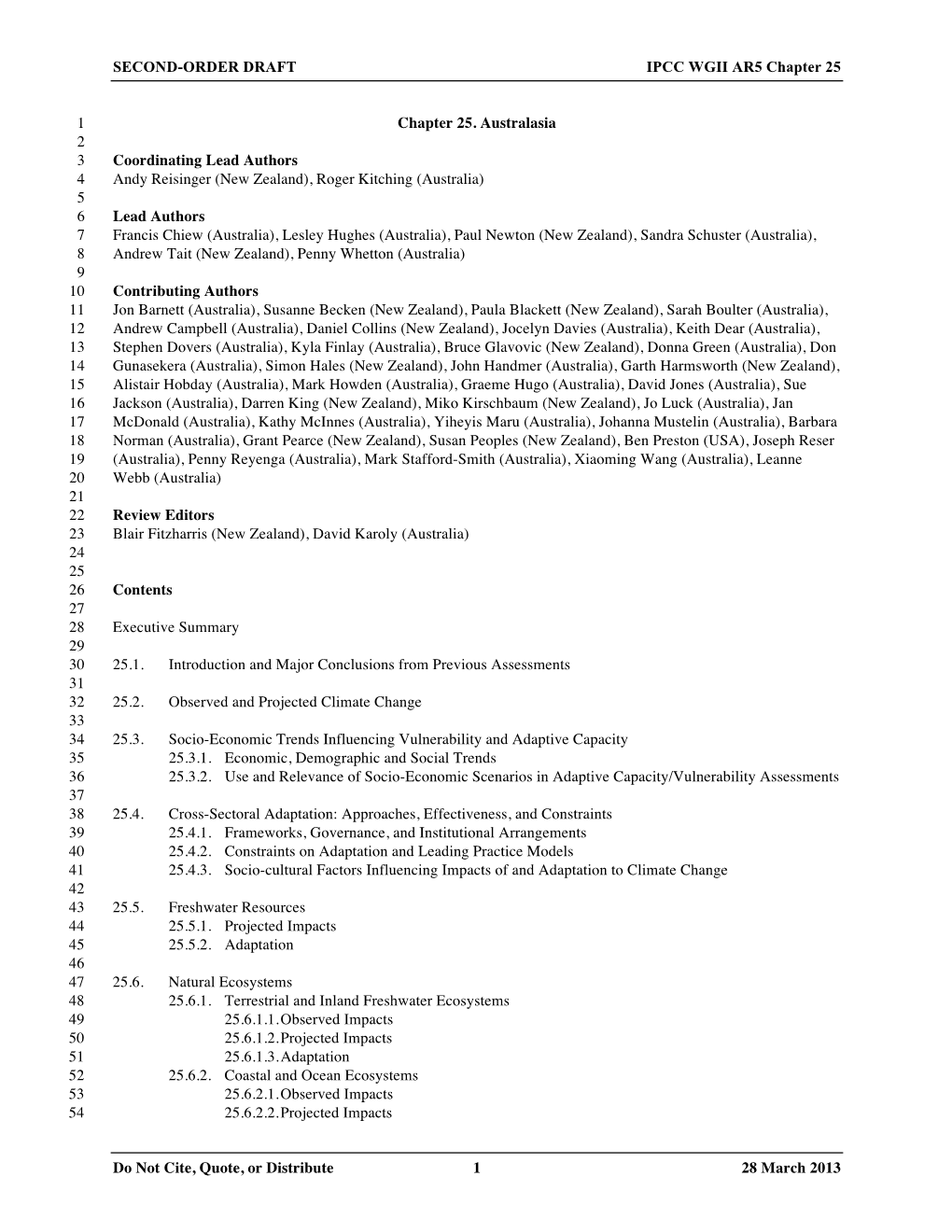 SECOND-ORDER DRAFT IPCC WGII AR5 Chapter 25 Do Not Cite, Quote, Or Distribute 1 28 March 2013 Chapter 25. Australasia 1 2 Coordi