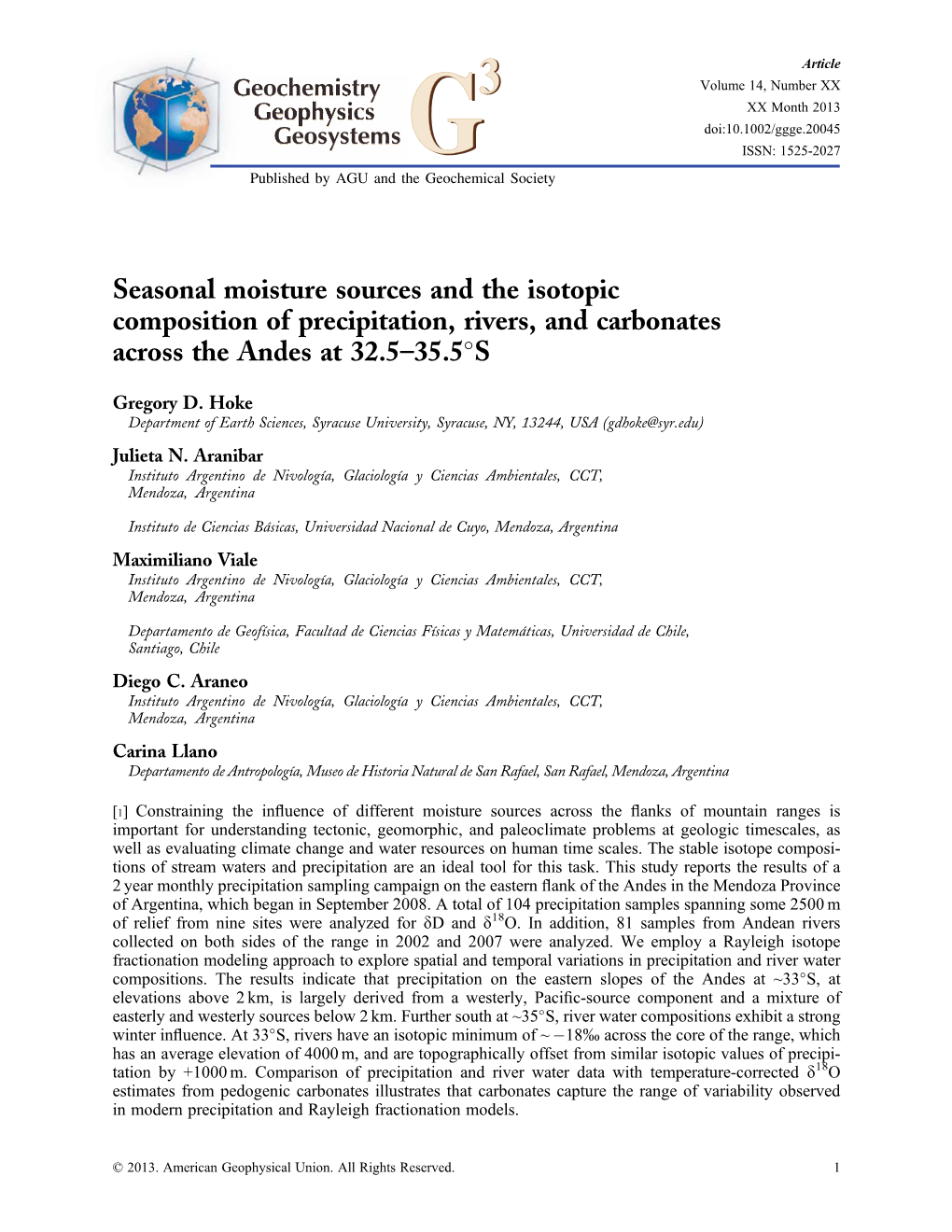 Seasonal Moisture Sources and the Isotopic Composition of Precipitation, Rivers, and Carbonates Across the Andes at 32.5–35.5S