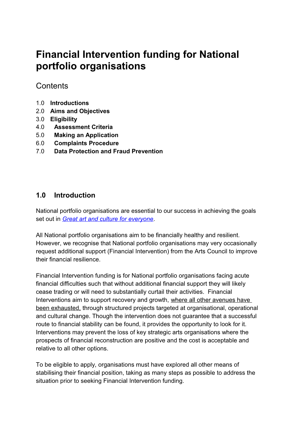 Financial Intervention Funding for National Portfolio Organisations