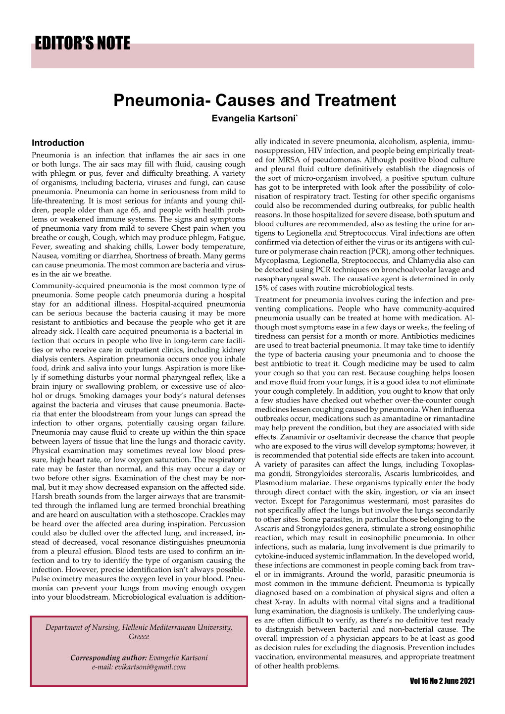 EDITOR's NOTE Pneumonia- Causes and Treatment