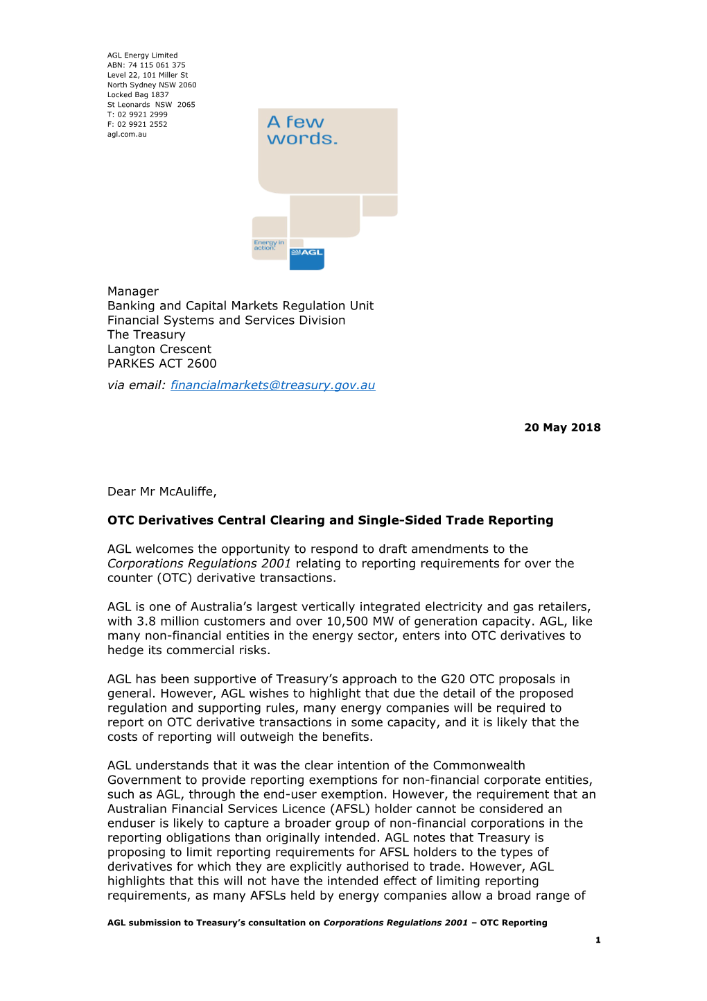 AGL Energy Limited - OTC Derivatives Central Clearing and Single-Sided Trade Reporting