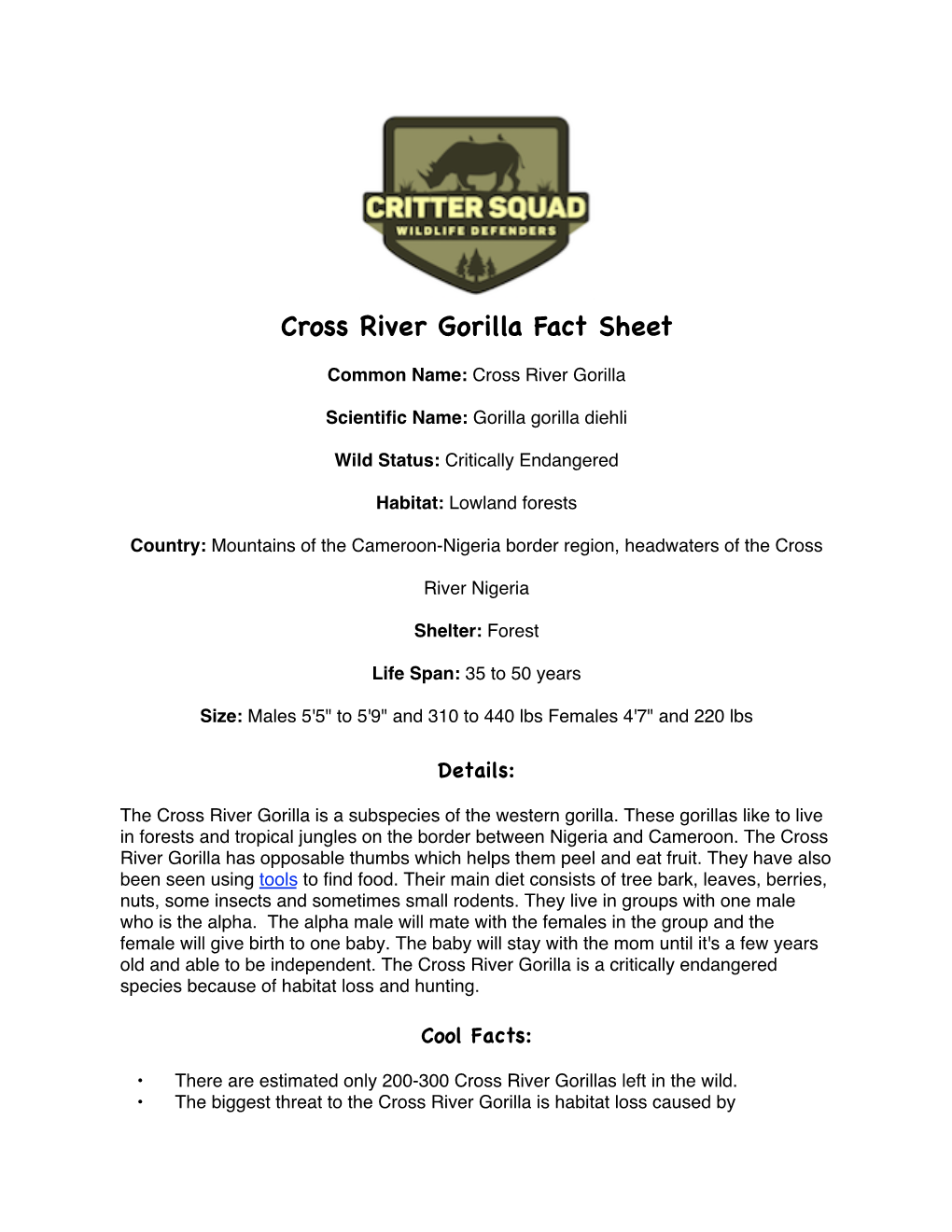 Cross River Gorilla Fact Sheet