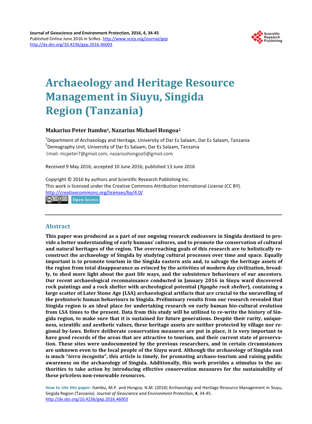 Archaeology and Heritage Resource Management in Siuyu, Singida Region (Tanzania)