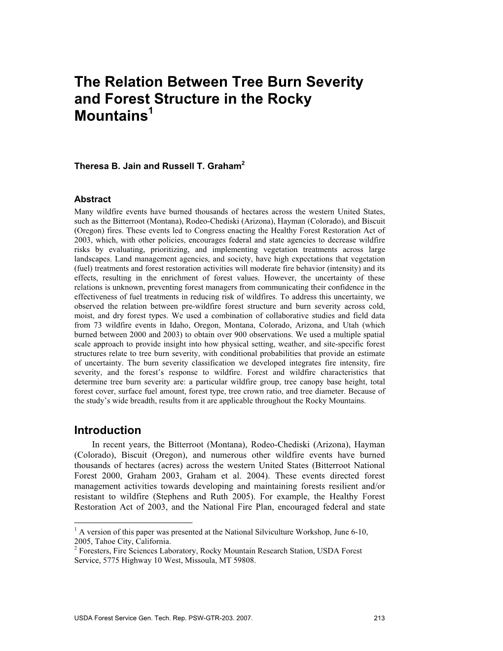 The Relation Between Tree Burn Severity and Forest Structure in the Rocky Mountains1