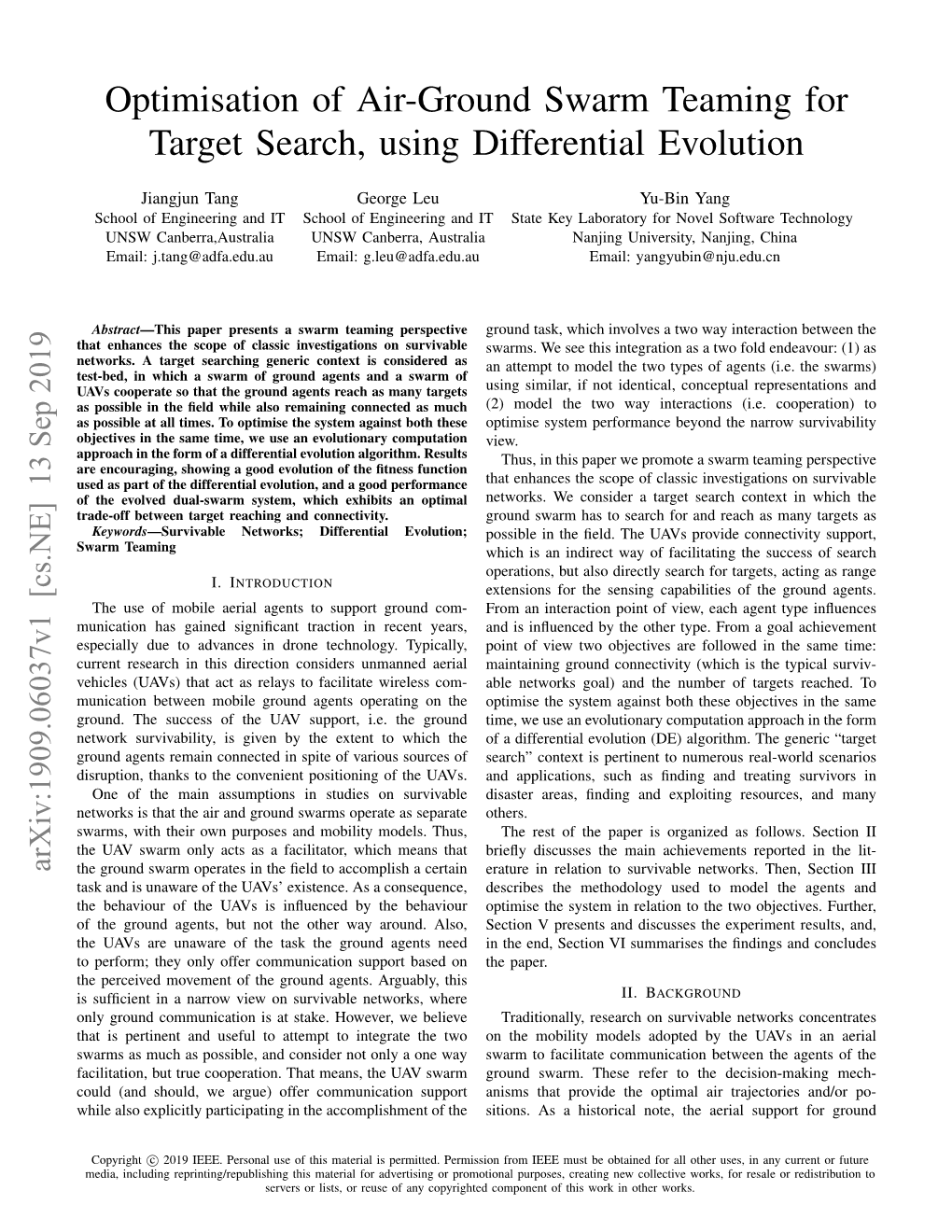 Optimisation of Air-Ground Swarm Teaming for Target Search, Using Differential Evolution