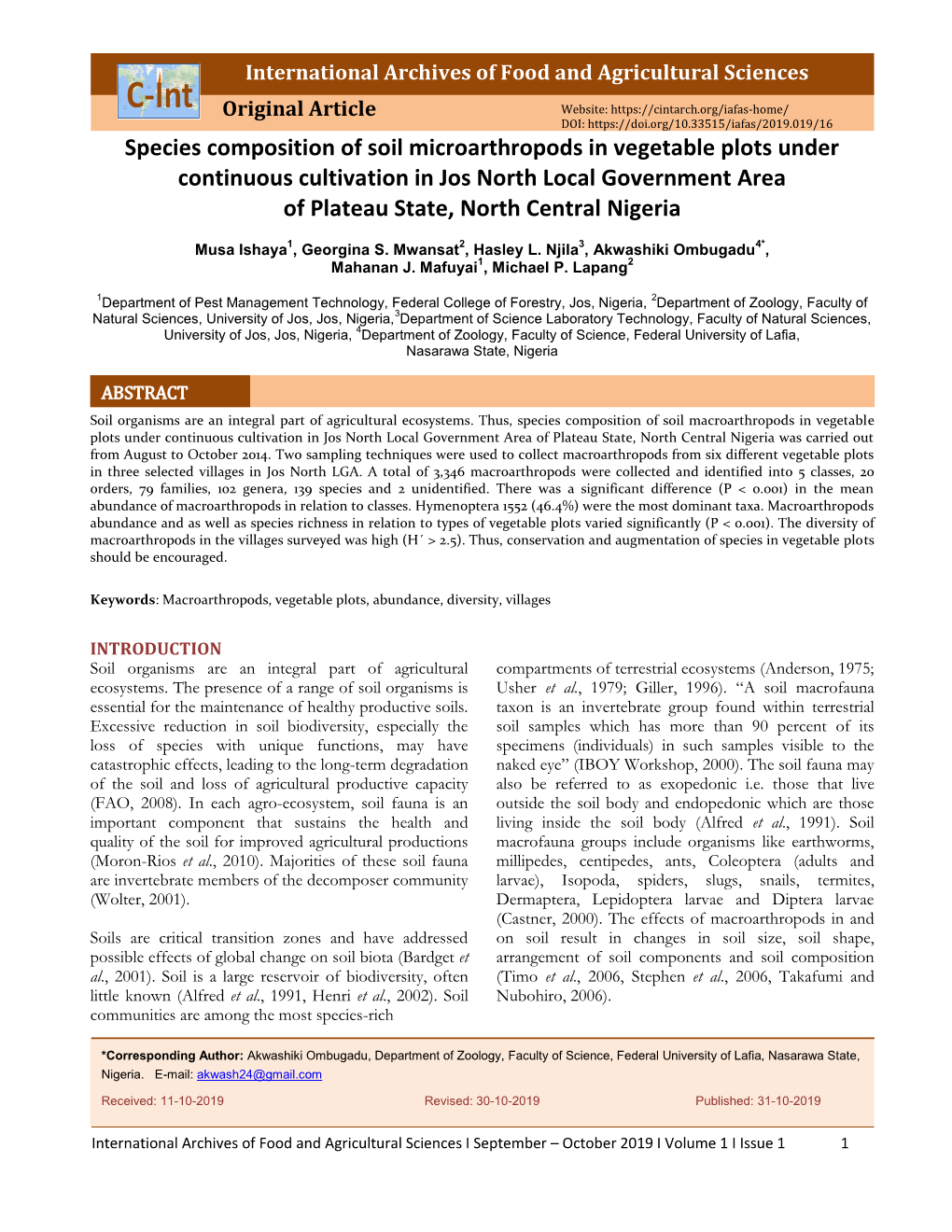 Species Composition of Soil Microarthropods in Vegetable Plots