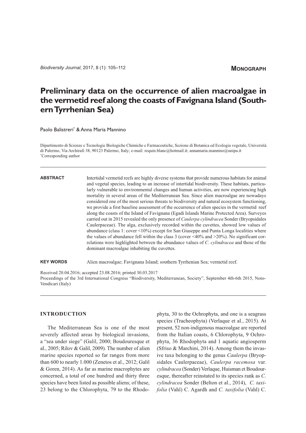 Biodiversity Journal 2017, 8 (1): 105-112