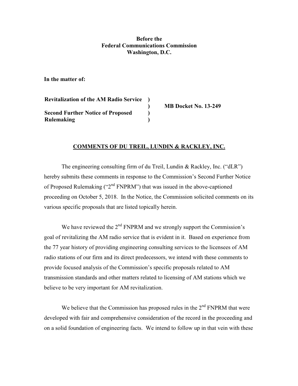 Before the Federal Communications Commission Washington, D.C. in the Matter Of: Revitalization of the AM Radio Service Second Fu