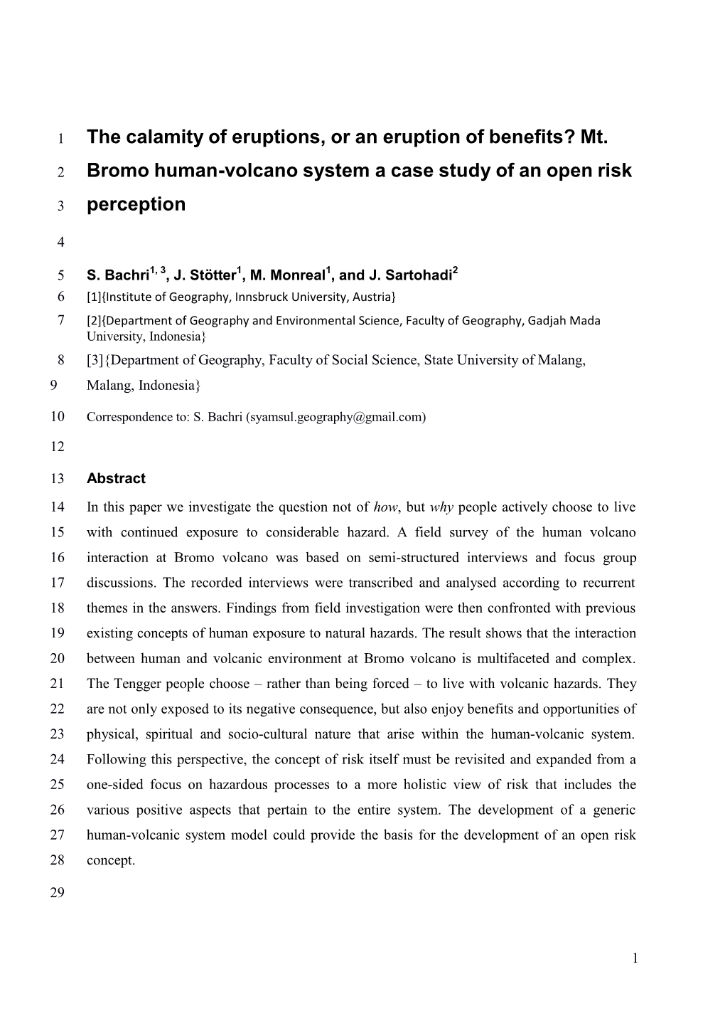 Mt. 2 Bromo Human-Volcano System a Case Study of an Open Risk 3 Percept
