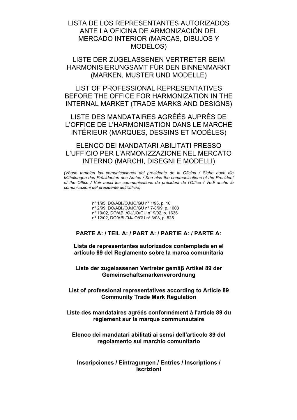 Lista De Los Representantes Autorizados Ante La Oficina De Armonización Del Mercado Interior (Marcas, Dibujos Y Modelos) Liste