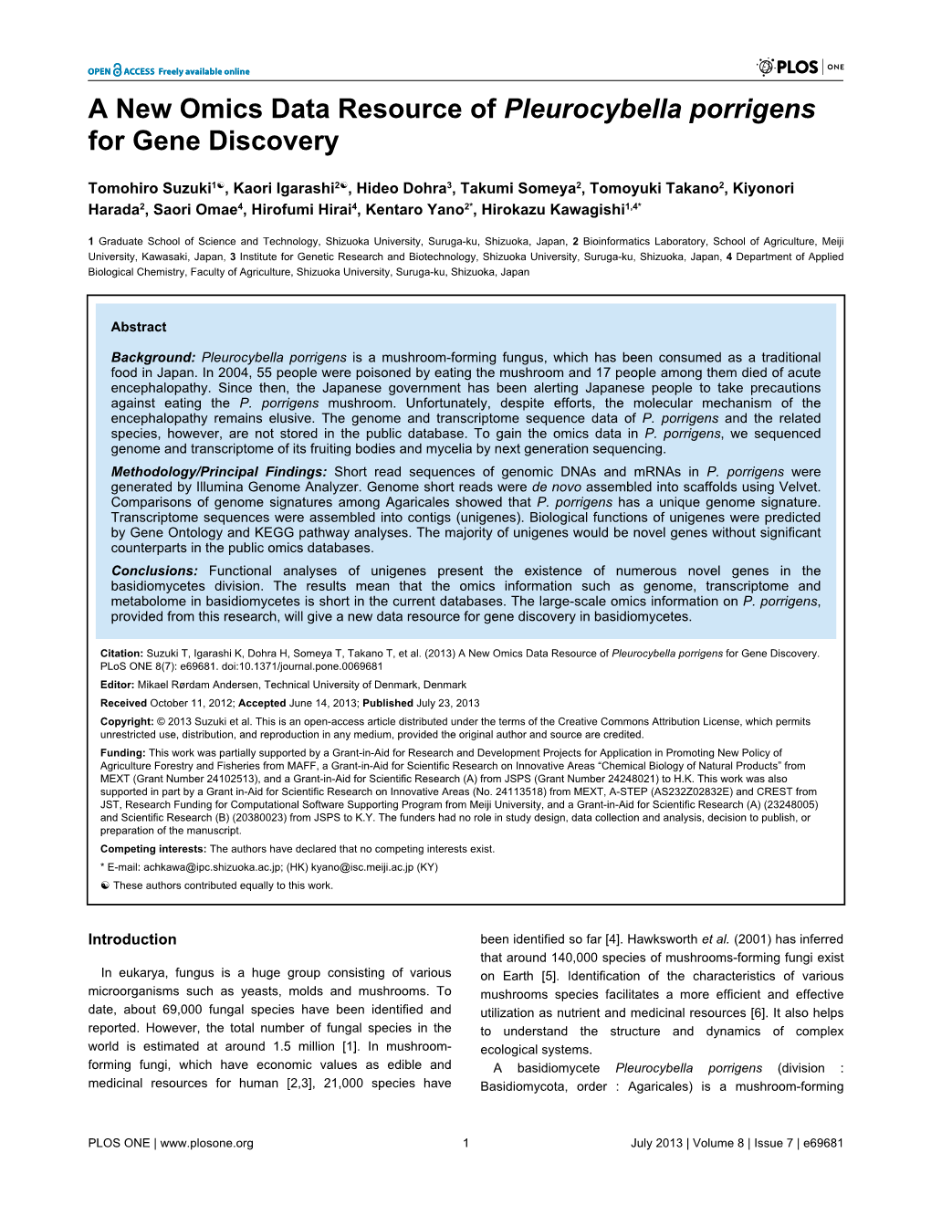 A New Omics Data Resource of Pleurocybella Porrigens for Gene Discovery